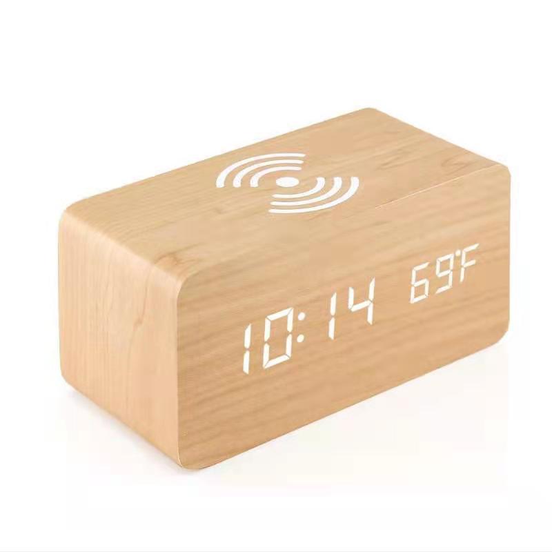 Smart Wireless Charging Clock Electronic Wooden LED Clock Digital Voice Control Clock Thermometer Alarm Clock