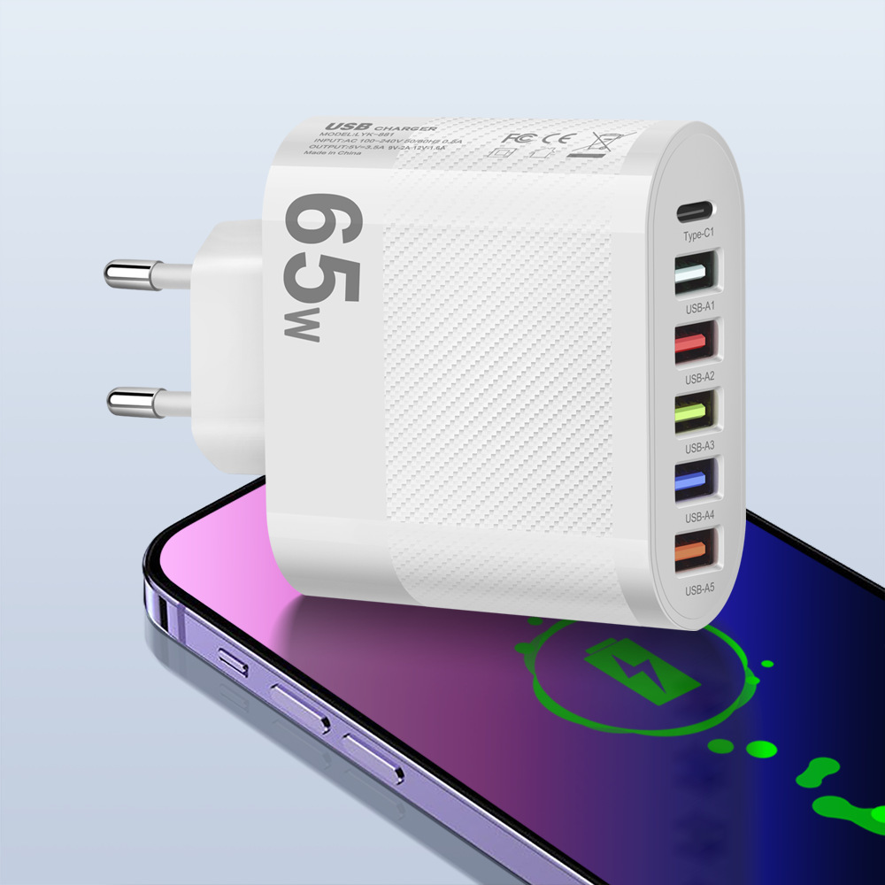 Marked 65W 5USB+Type-c Phone Charger Multi-port Charger UK Plug