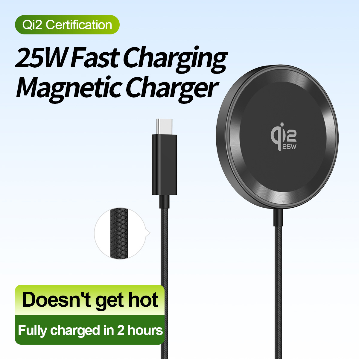 QI2.2 25W magnetic wireless charger Type-C interface for Apple Huawei Xiaomi Samsung phones round