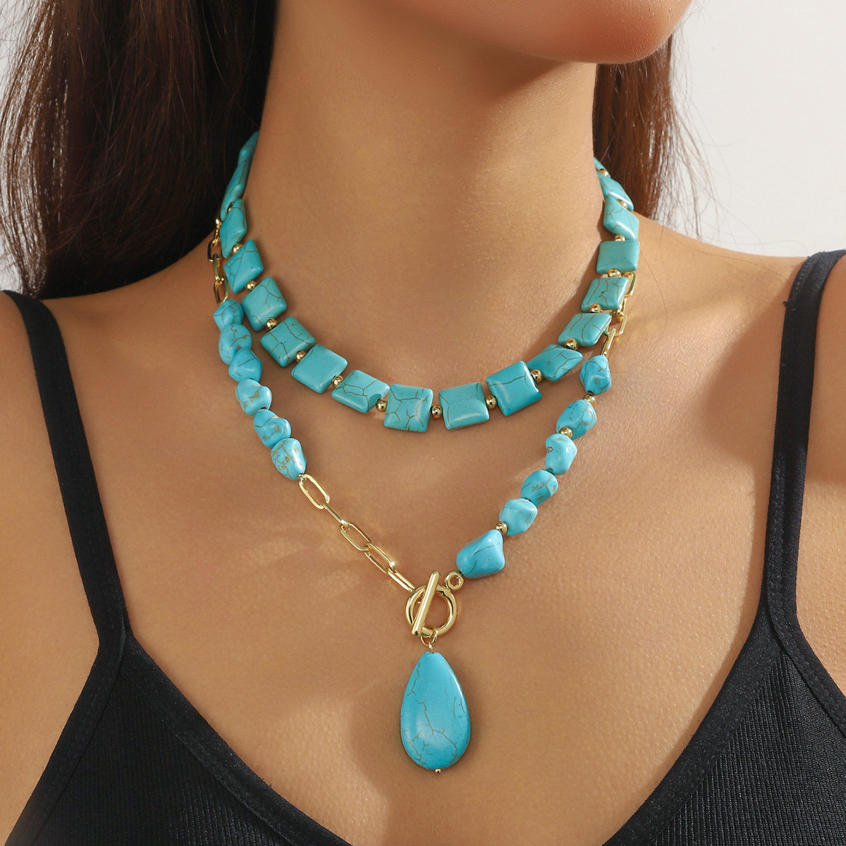 Turquoise necklace Bohemian ethnic style double-layer stacked drop turquoise necklace