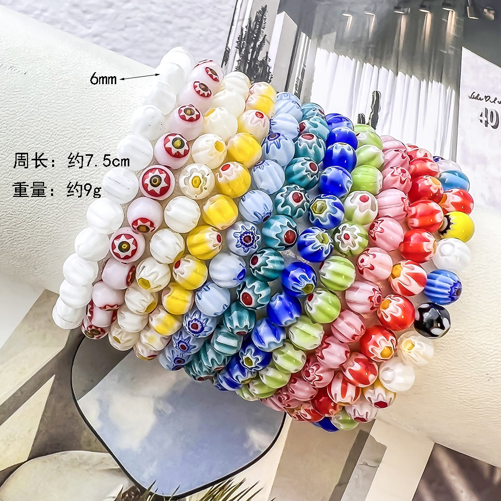 Dopamine-Style Handcrafted Glass Bead Stretch Bracelet with Daisy Pattern for Women—Layered Bracelet Set