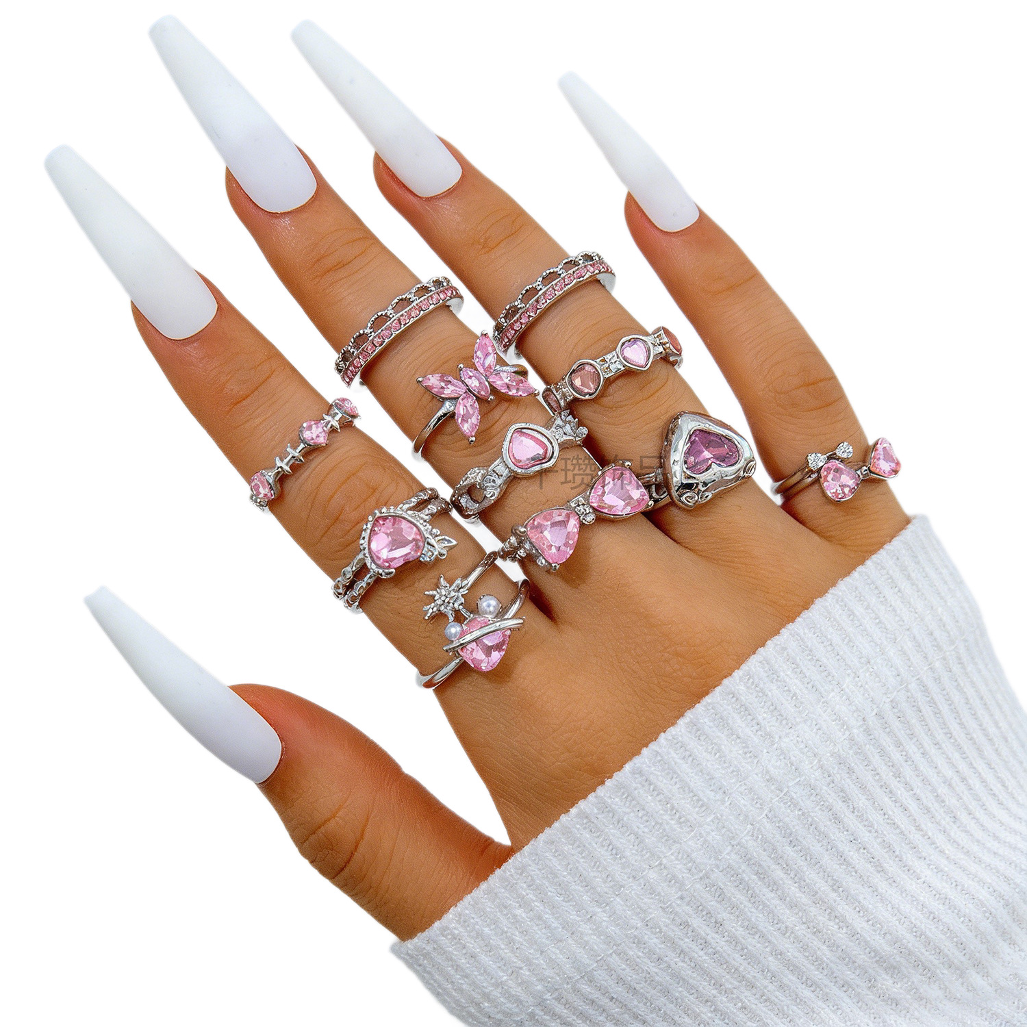 Pink Heart Layered Ring Set Sweet Girl Style Rhinestone Butterfly Finger Ring Accessories