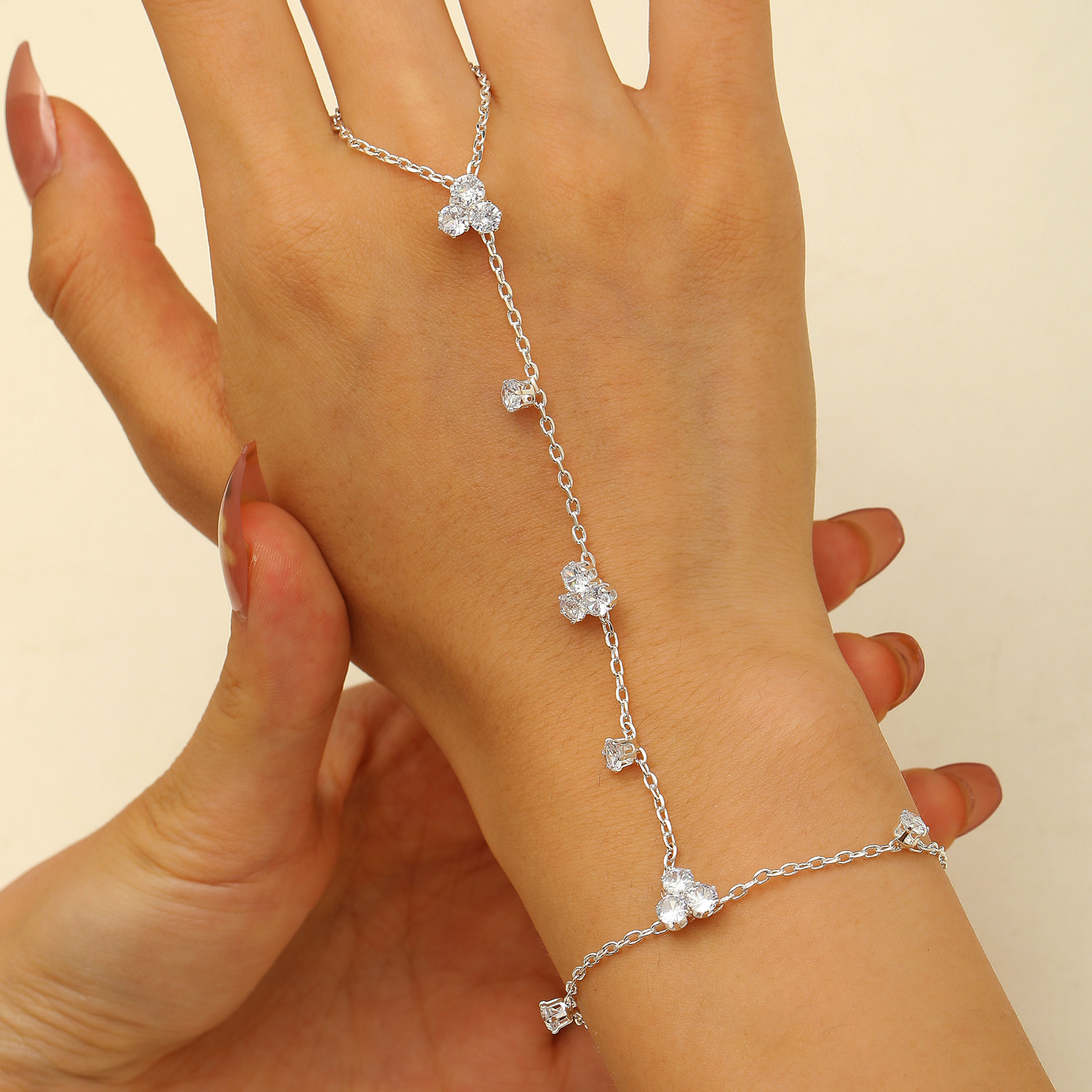 Chain Ring Bracelet Butterfly Heart Pearl Connected Finger Ring Hip Hop Exaggerated One-Piece Hand Jewelry