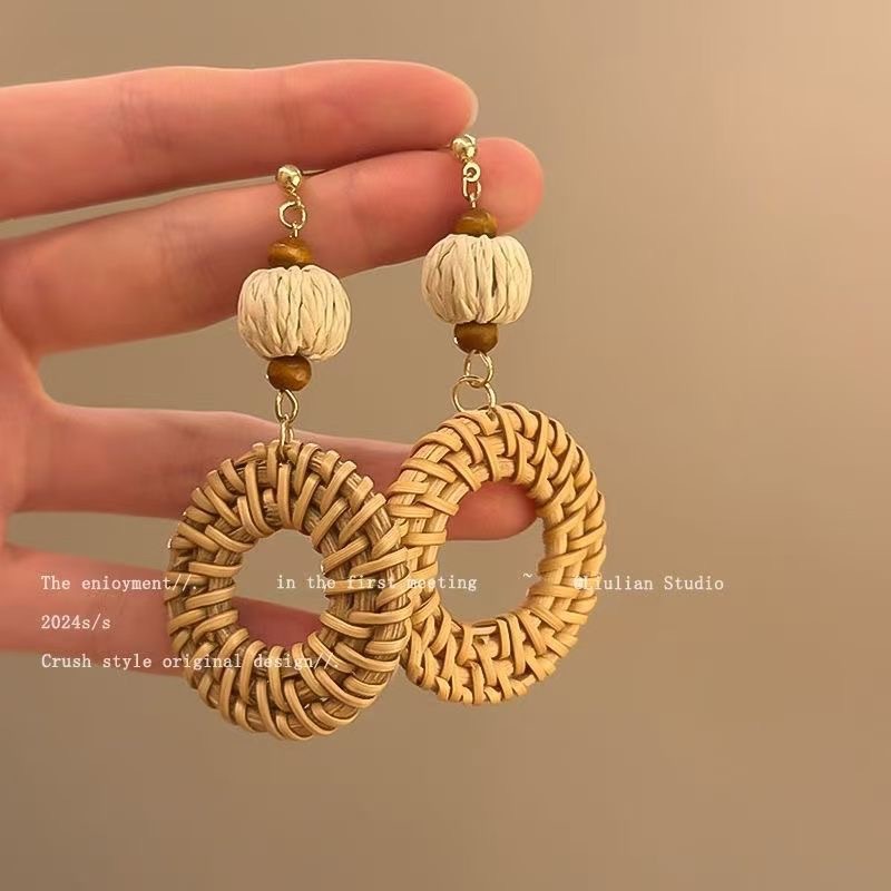 Bamboo rattan straw woven circle earrings women exaggerated earrings Bohemian ear accessories