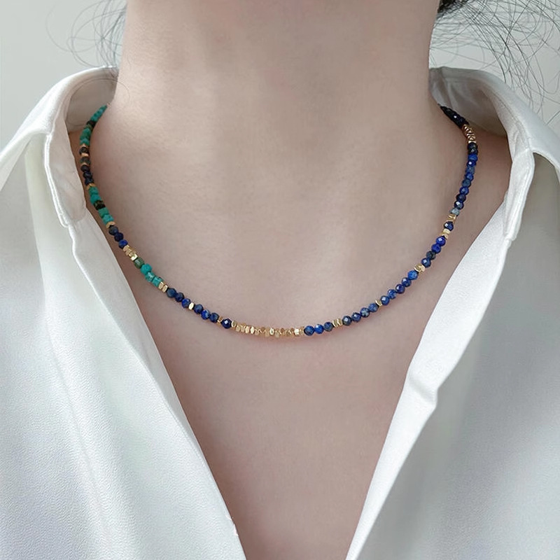 Natural royal lapis lazuli necklace turquoise sugar cube broken silver锁骨链 new Chinese style multi-purpose pendant niche women