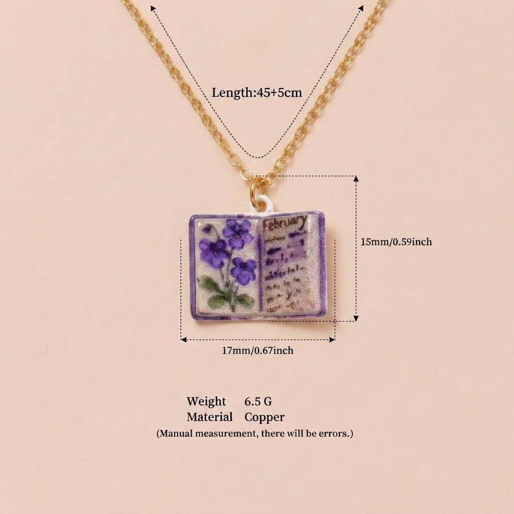 New December imitation porcelain book necklace, exquisite and compact copper-plated