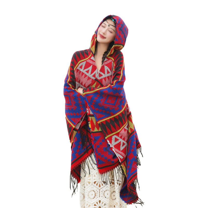 Sichuan Tibet Bohemian Photo Knit Shawl Scenic Area Hooded Scarf Cape Yunnan Cape Shawl Women