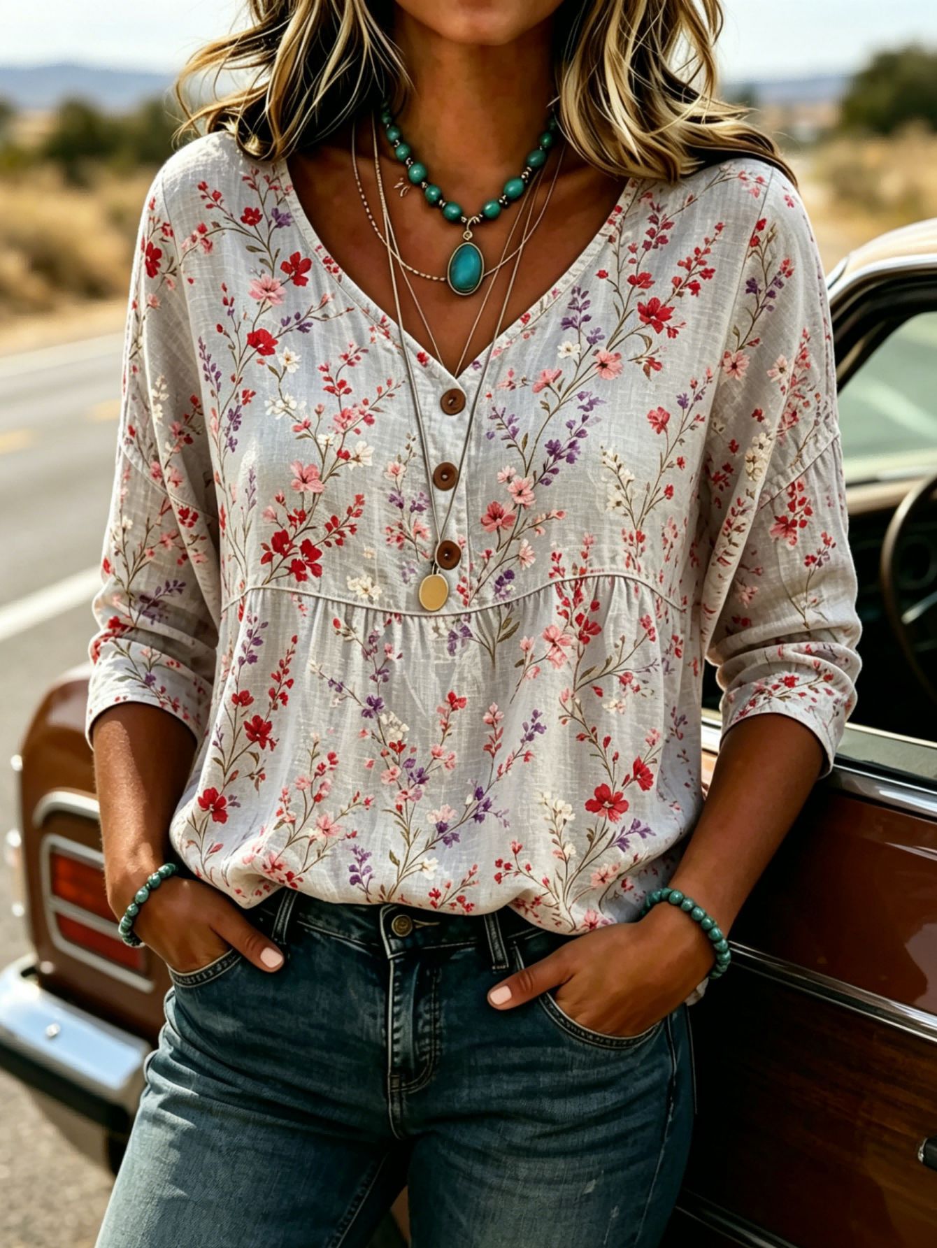 2026 Independent Station Summer Women's Button Ethnic Floral Print Three-Quarter Sleeve Shirt