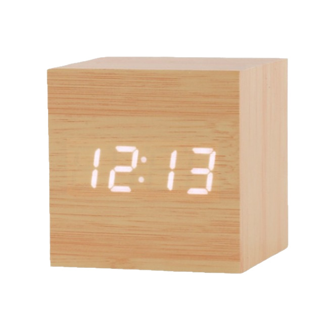 Mini small square wooden clock, LED electronic alarm clock, silent voice-activated multi-functional clock, gift logo decoration