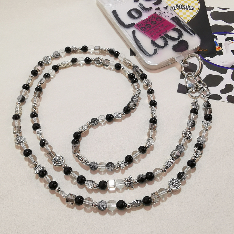 Mobile phone lanyard long crossbody black and white series pendant beaded flower phone case bag chain for women