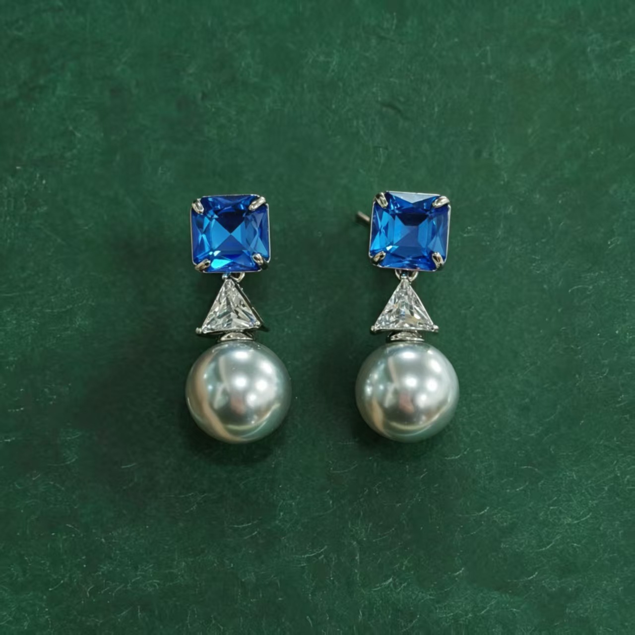 Qingdao vintage cool-toned aquamarine gray pearl set geometric cut necklace and earrings two-piece set