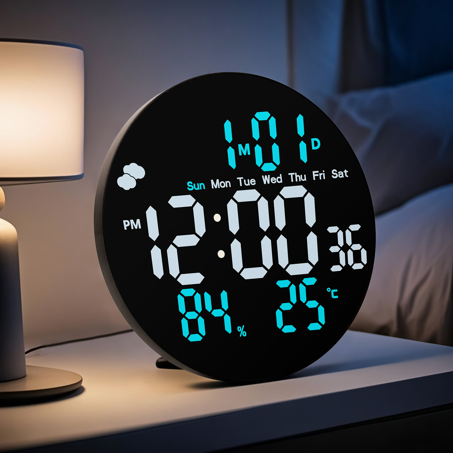 10-inch Round Large Screen Digital Electronic Clock Remote Control LED Alarm Clock Display Weather Temperature Humidity Calendar Wall Clock
