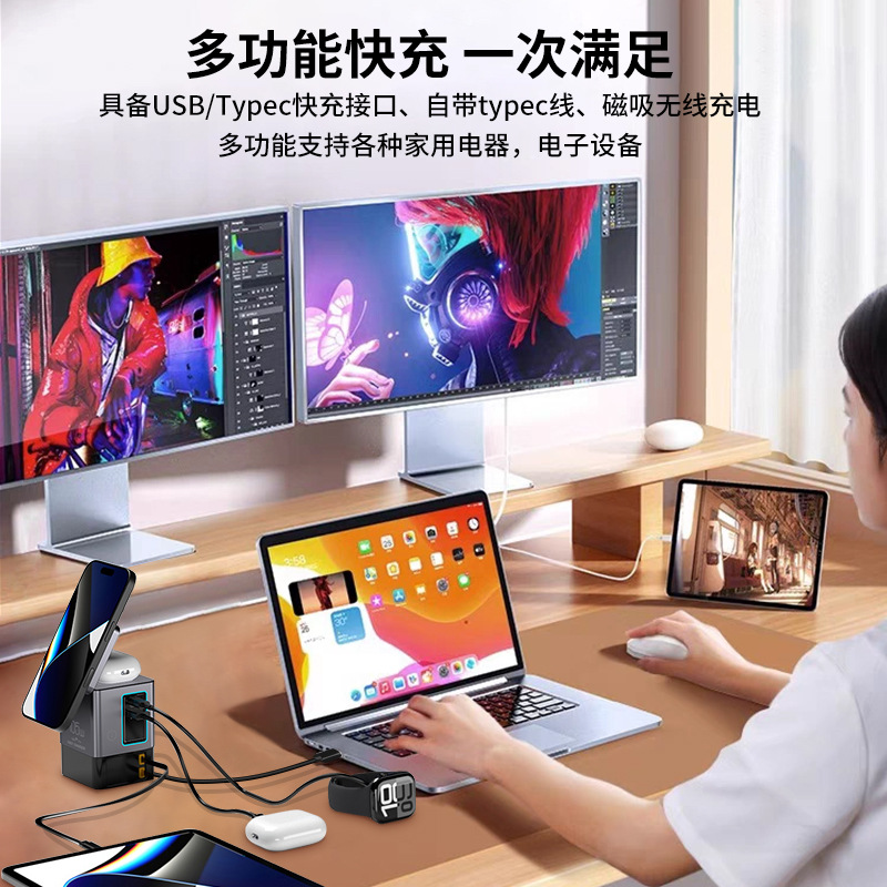 105W Multi-Function Magnetic Wireless GaN Charger 3-in-1 Dual Retractable Cable Dual Wireless Desktop Charging Station