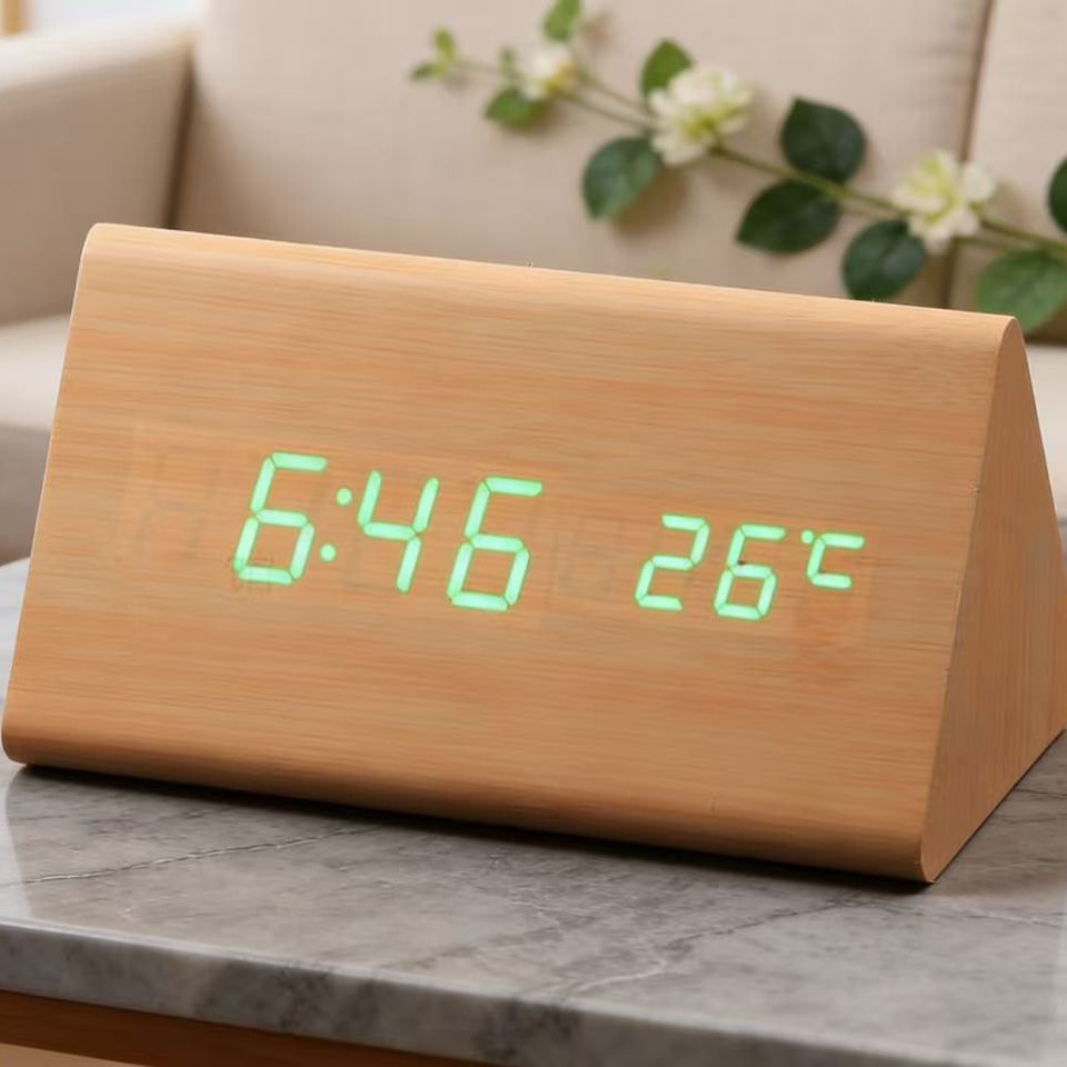 Voice-controlled minimalist wooden office silent multifunctional electronic clock with temperature display, plug-in power, student alarm