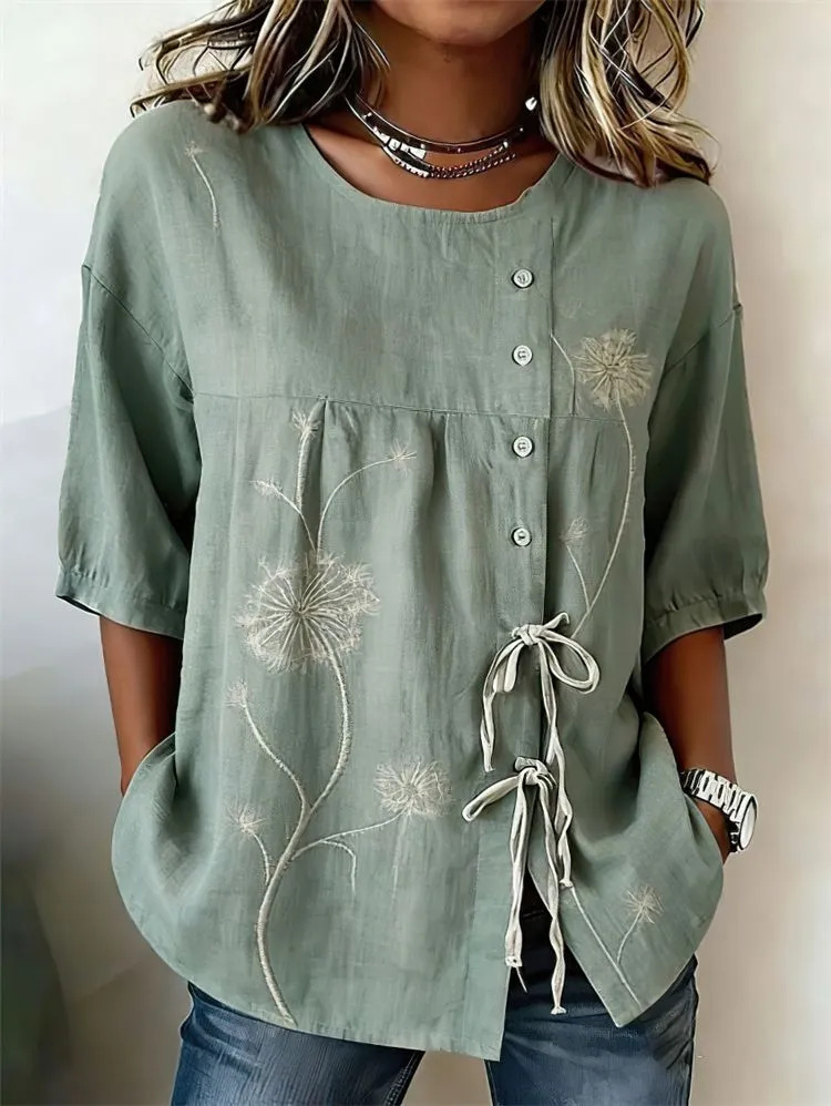 2026 New Summer Women's Top Printed Casual Short Sleeve Drawstring Bow Blouse