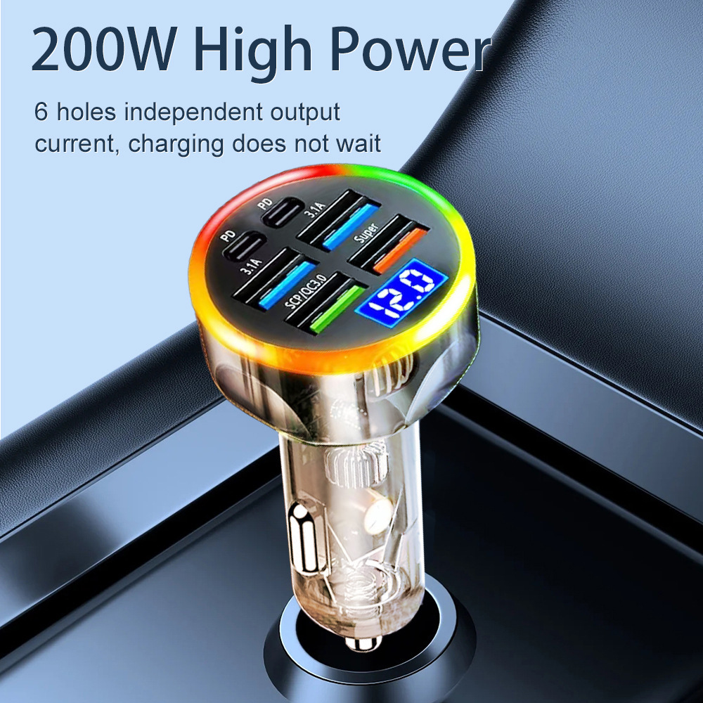 Set 6USB Colorful with Digital Display Supports Super Fast Car Charger with Voltage Car Charger One-to-Six Fast Car Charger