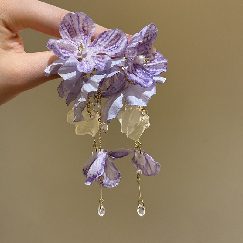 Youziqi Dream ~ summer purple flower tassel earrings 2025 new exaggerated seaside resort style ear accessories ear cuffs