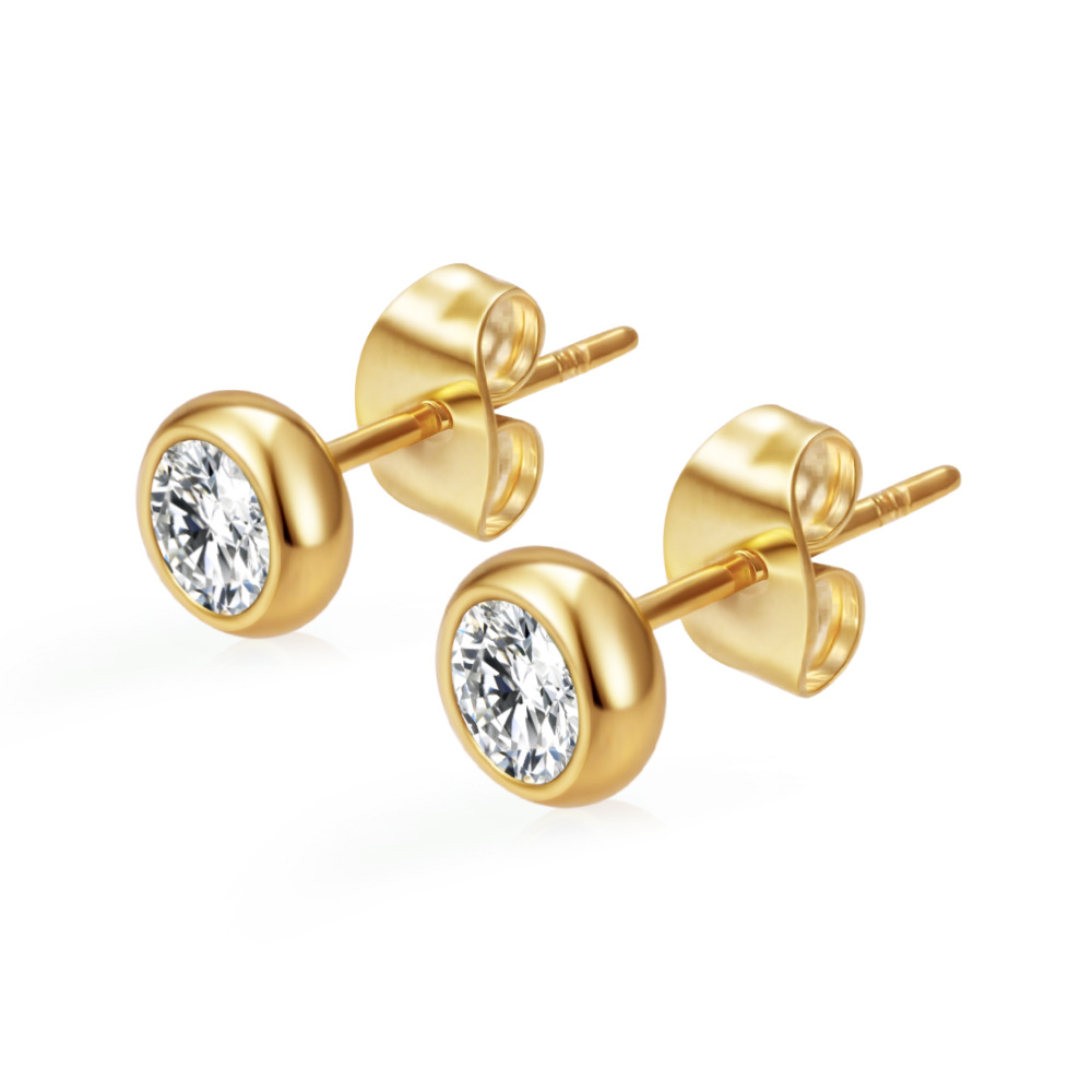 Exclusive round stainless steel zircon stud earrings for women, multi-color ear accessories, PVD 18K real gold ear