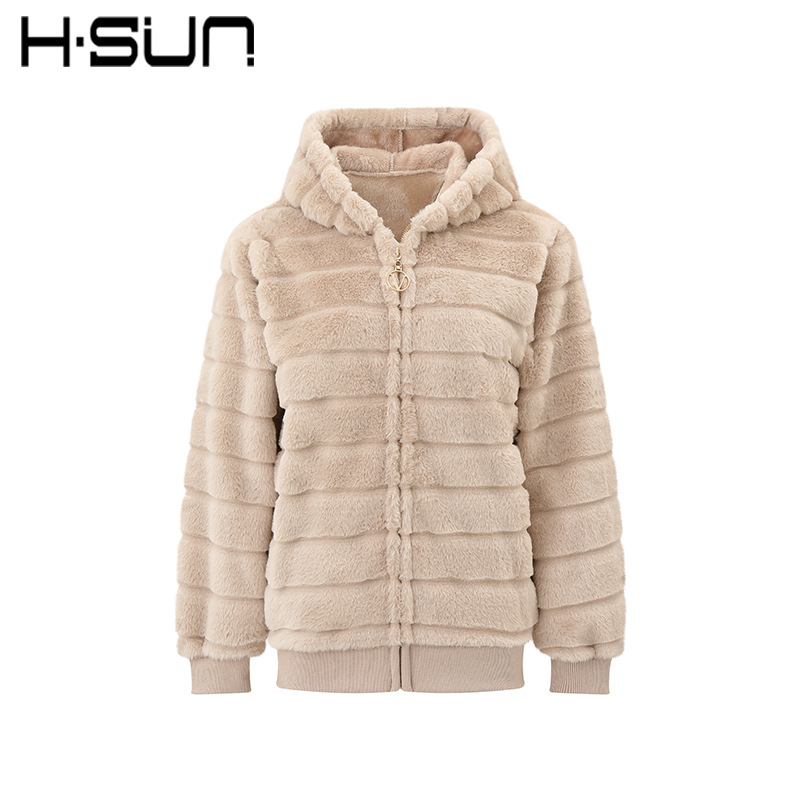 H·SUN Women's Plush Stand Collar Zip-Up Cardigan Sweatshirt Thick Fleece Japanese and Korean Casual Neutral Style 2026 Winter