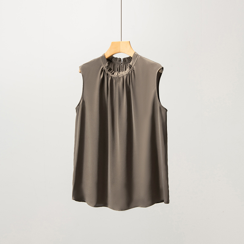 New Satin Mulberry Silk T-Shirt for Women Summer Commute Ruffled Sleeveless Vest Top Mid-Length