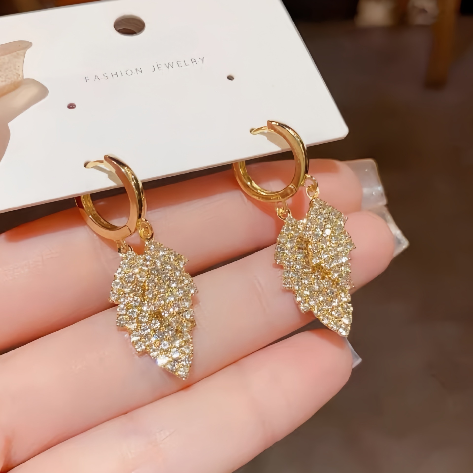 Sparkling rhinestone leaf tassel ear cuff women niche earrings new leaf ear accessories women