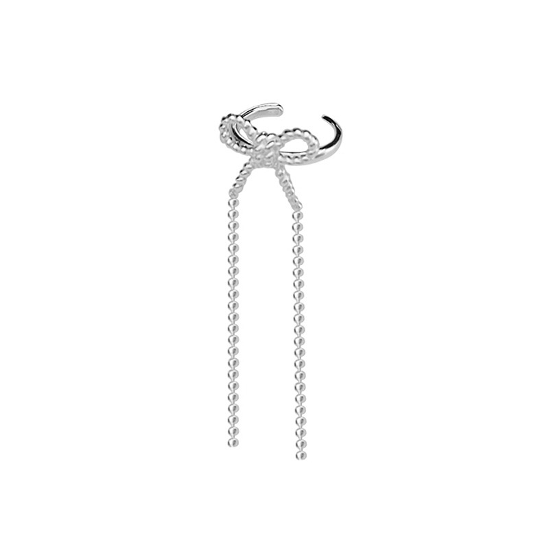 Bow Ear Clip No Piercing Chanel Style Earring Face Slimming Zircon Long Tassel Ear Cuff for Women