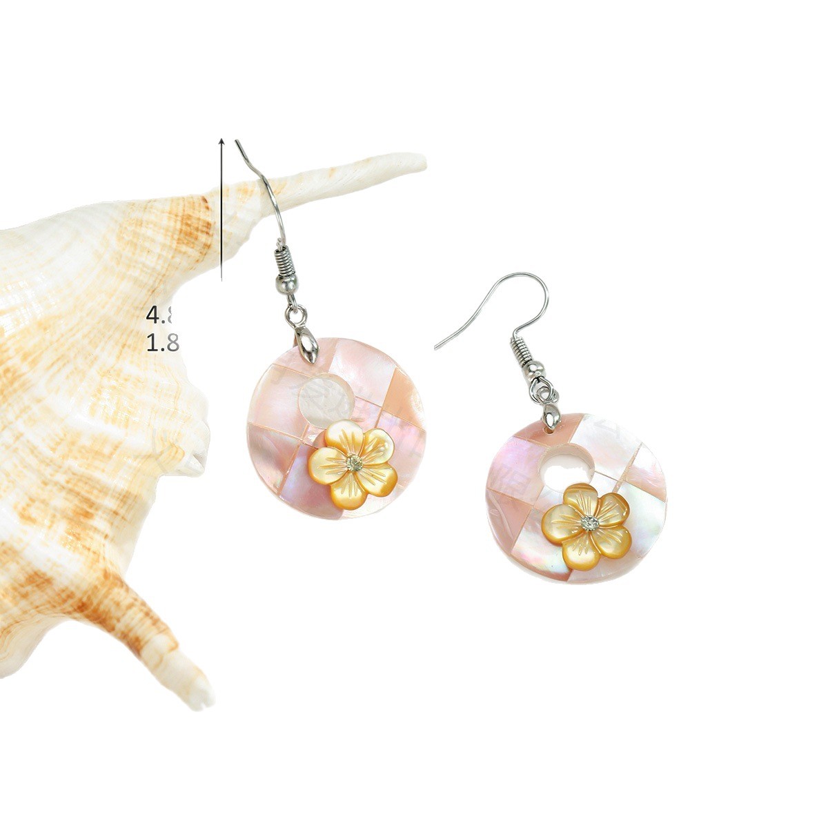 Simple Round Geometric Natural Abalone Shell Diamond Flower Earrings