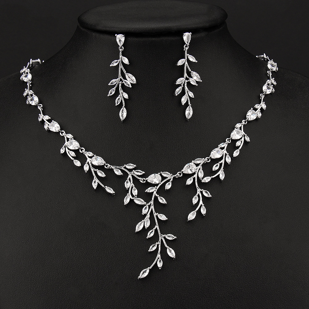 Leaf copper zircon necklace earring jewelry two-piece set bridal accessory gift women