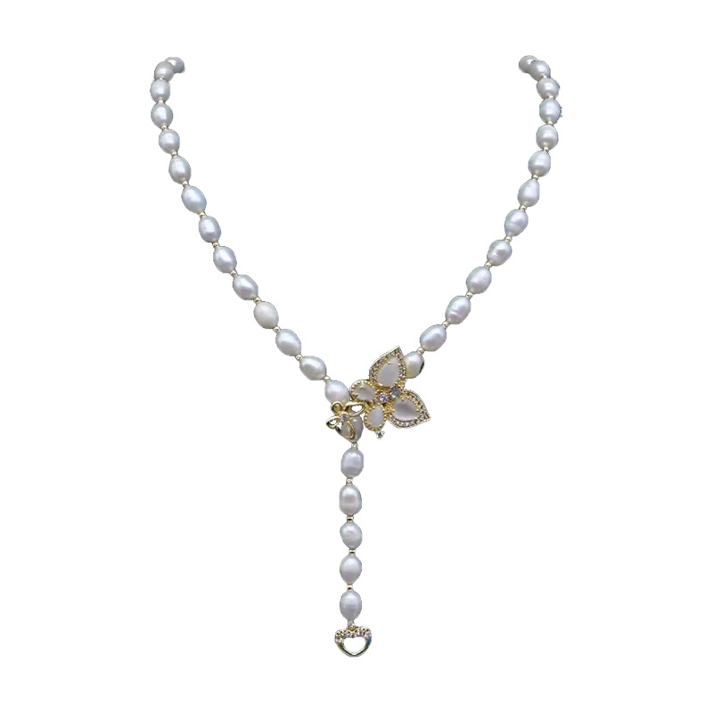 7mm natural pearl necklace long sweater chain, Zhuji freshwater pearl butterfly necklace, collarbone chain