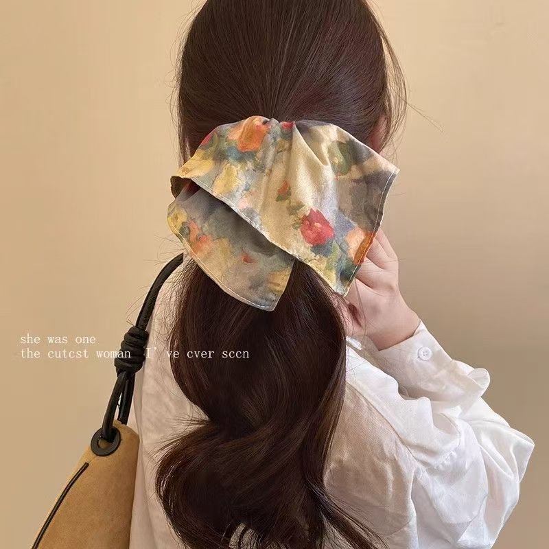 Oil painting texture square scarf hair tie new durable elastic hair accessory