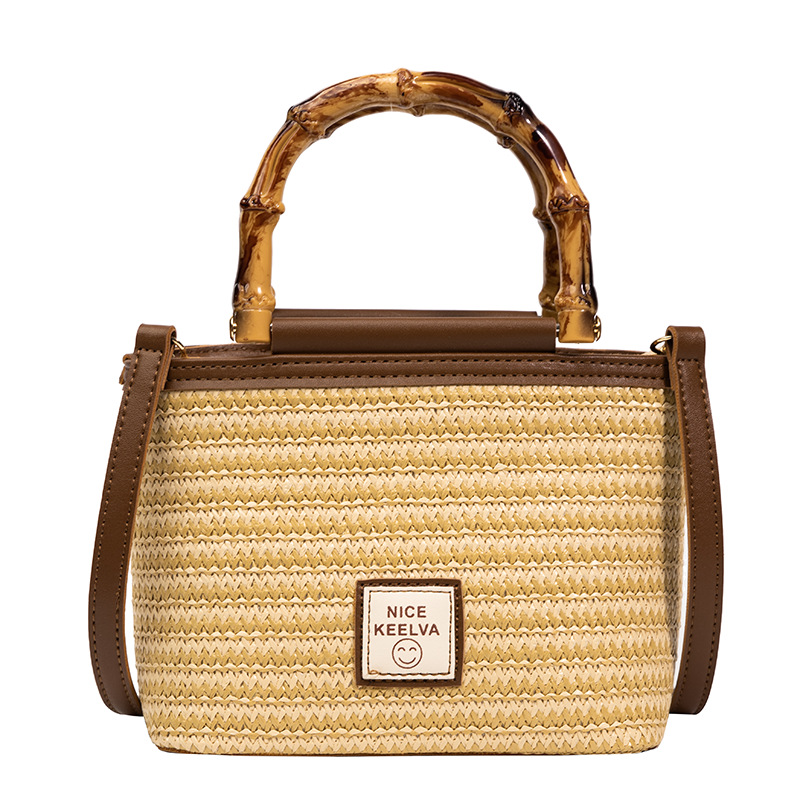 2024 Summer New Textured Bamboo Handle Woven Bag Thailand Travel Vacation Crossbody Straw Bag