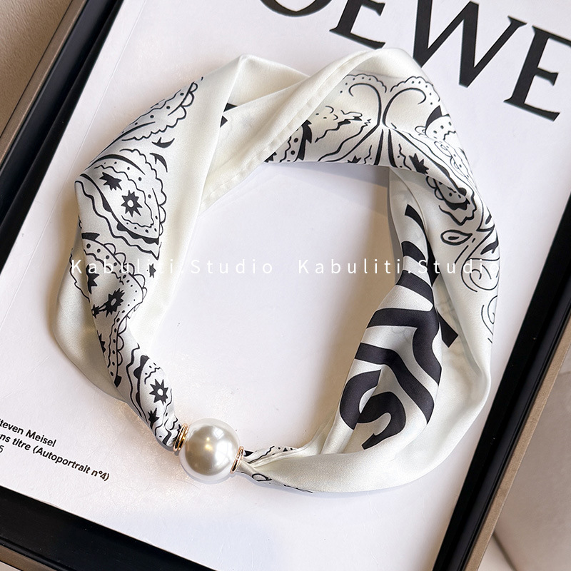 New neck protection pearl small silk scarf for women, two-piece set summer long strip magnetic buckle decorative pendant neck scarf simple wrap
