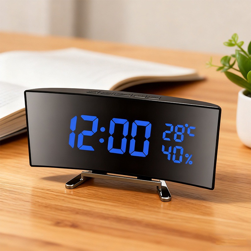 6508 curved large screen temperature and humidity LED alarm clock multifunctional smart bedside night light clock mirror desktop