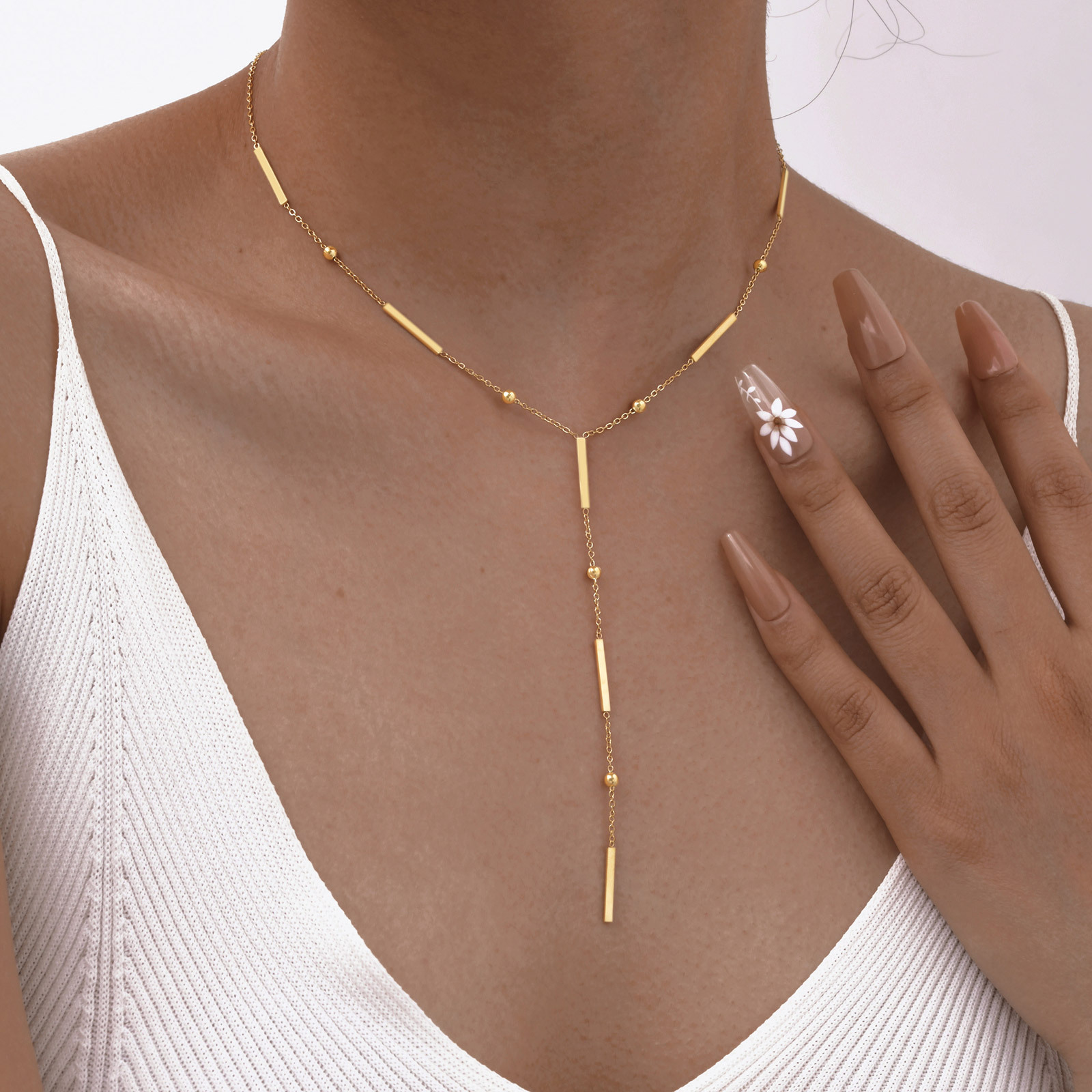 Huanmu Stainless Steel Women's Square Bar Spacer Collarbone Chain Y-Shape Tassel Necklace Gold Sweater Chain Summer