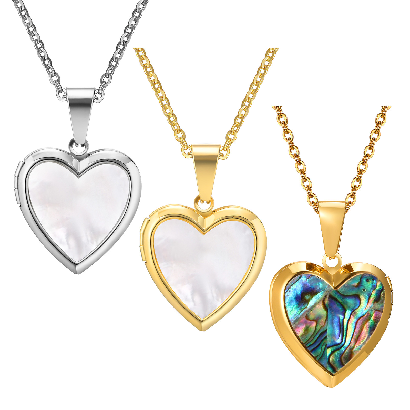Stainless Steel Women's Gold Heart Pendant White Shell Abalone Pattern Necklace Openable Photo Locket Necklace