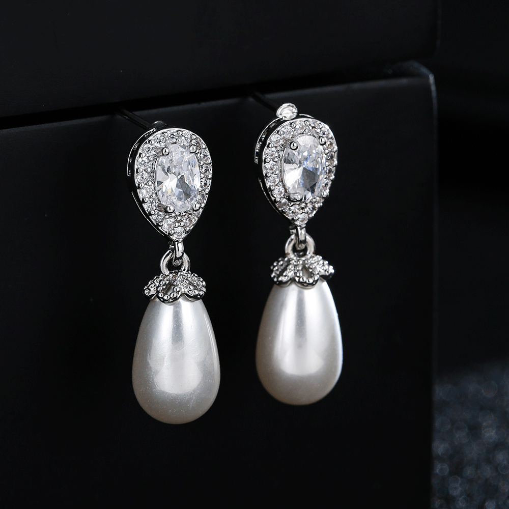 New teardrop pearl women's accessories zirconia inlaid earrings, bridal dress matching jewelry gift