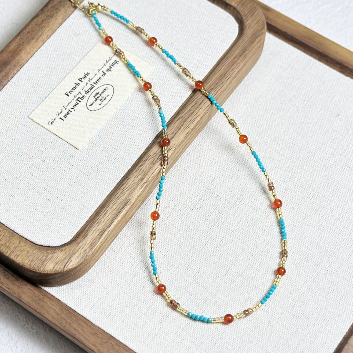 New Ethnic Contrast Color Natural Stone Beaded Necklace Small Geometric Pendant Collarbone Chain Sweater Chain