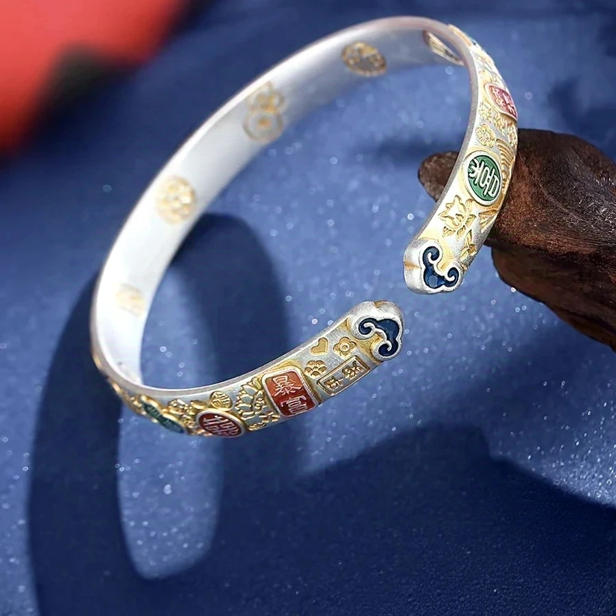 Foot silver 999 lucky cat silver bracelet men and women auspicious words ancient enamel color national style silver bracelet gift silver-plated