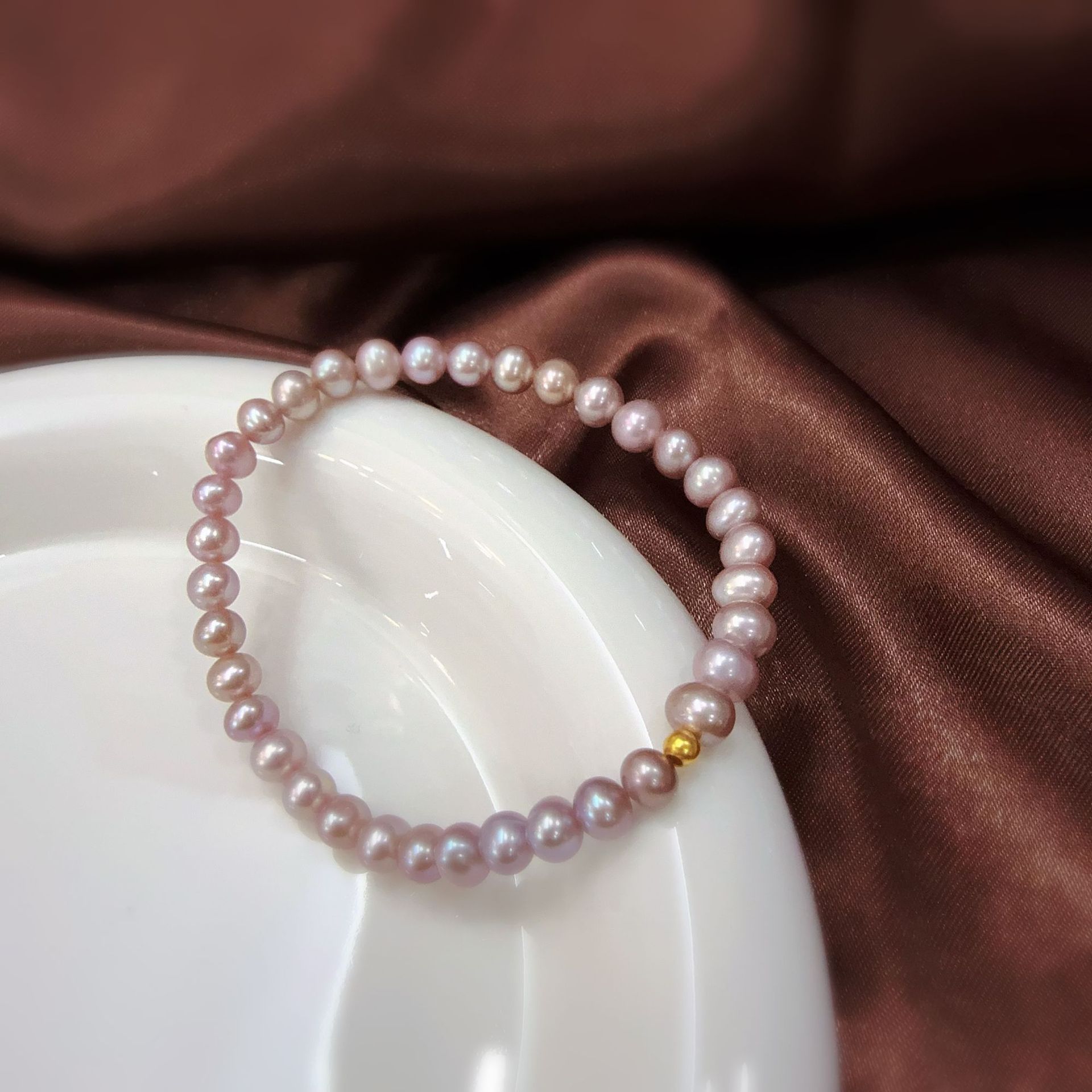 Romantic light purple natural pearl bracelet for women elastic stretch thread 925 silver plated 18k gold beads