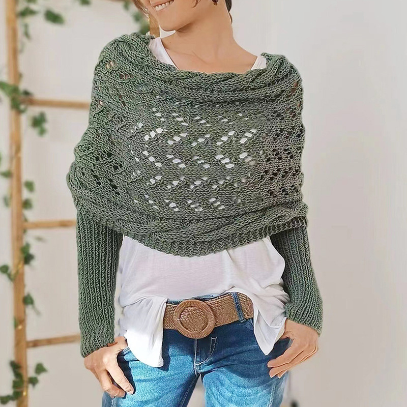 Cross off-shoulder beautiful knitted hollow long-sleeved double-sleeve shawl outer cardigan women