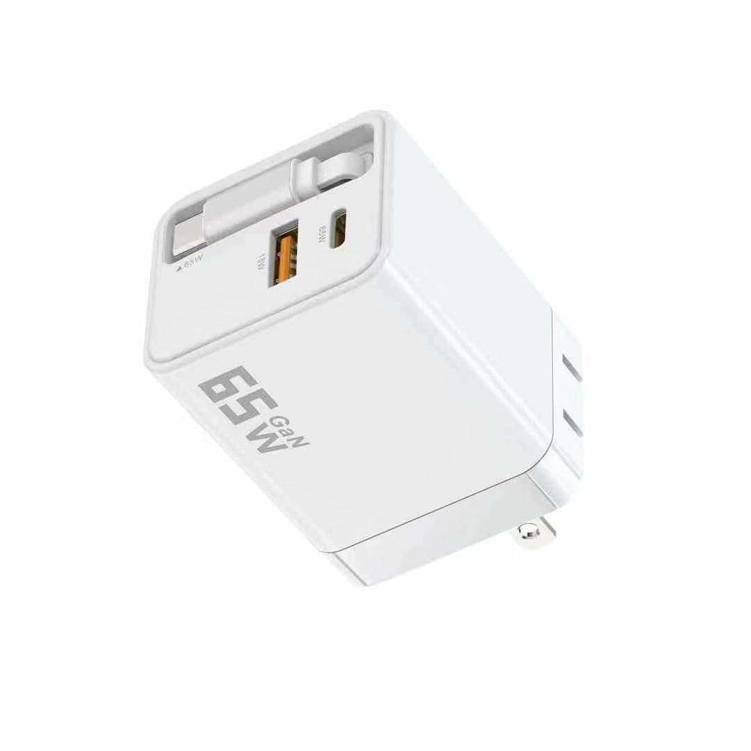 PD65W GaN Charger Retractable Cable Flash Charging Phone Fast Charging Head for Apple Laptop