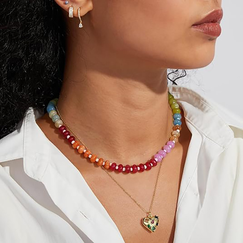 New Women's Bohemian Dopamine Color Matching Natural Stone Colorful Crystal Beaded Necklace