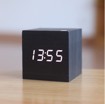Mini small square wooden clock, LED electronic alarm clock, silent voice-activated multi-functional clock, gift logo decoration