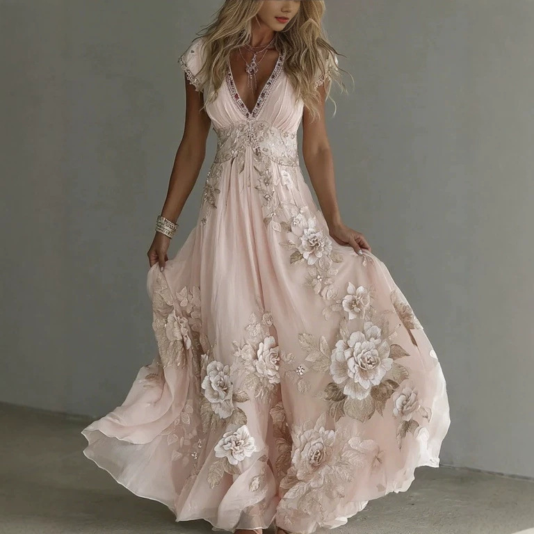 2026 Independent Station New Women's Solid Color Elegant Print Pleated Floral Dress