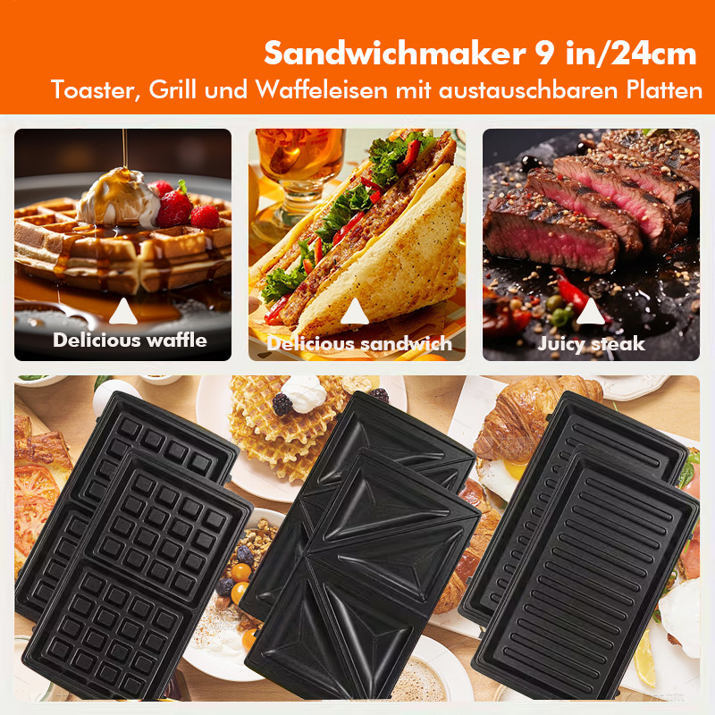 Home 3-in-1 Sandwich Maker Waffle Maker Detachable Replaceable Plates Non-stick Coating Grill Machine Steak Machine