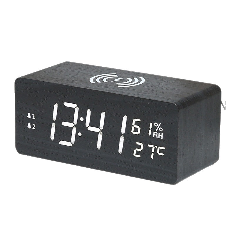 15W Wooden Wireless Charging Electronic Clock Simple Indoor Temperature and Humidity Meter LED Multifunctional Clock