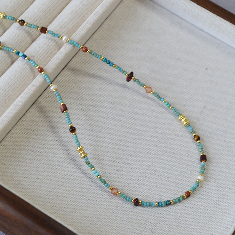 Turquoise seed bead string multi-colored gemstone simple bohemian necklace锁骨链