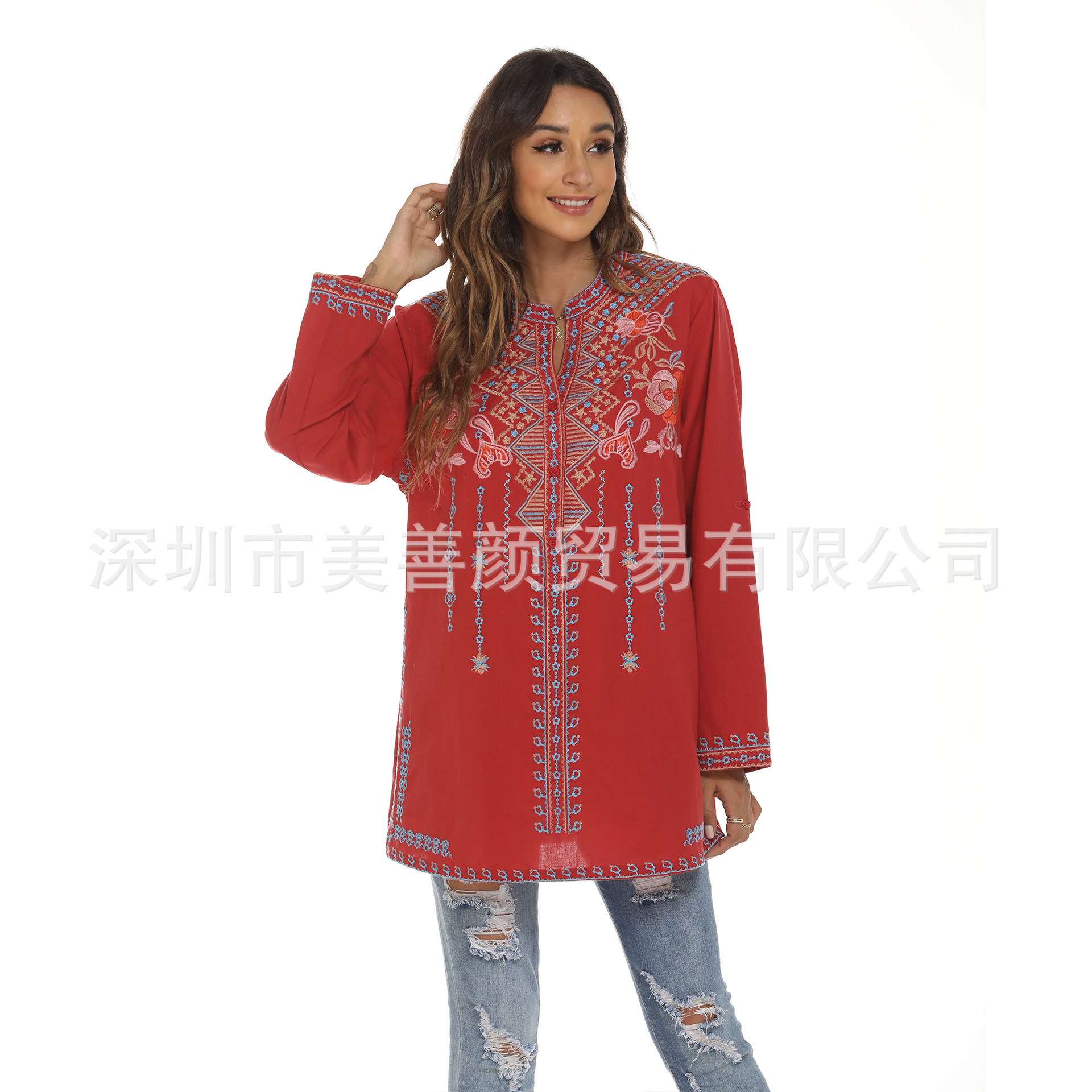 2023 women's long sleeve shirt embroidered overseas mid-length stand collar shirt