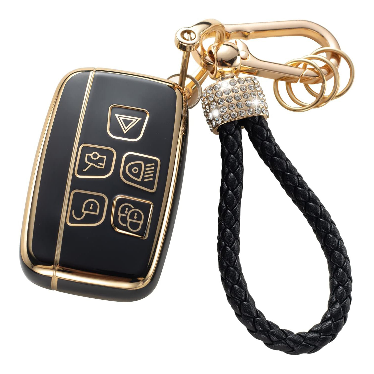 Gold Edge Black Key Car Key Bag Set Rhinestone Carabiner Pendant Keychain