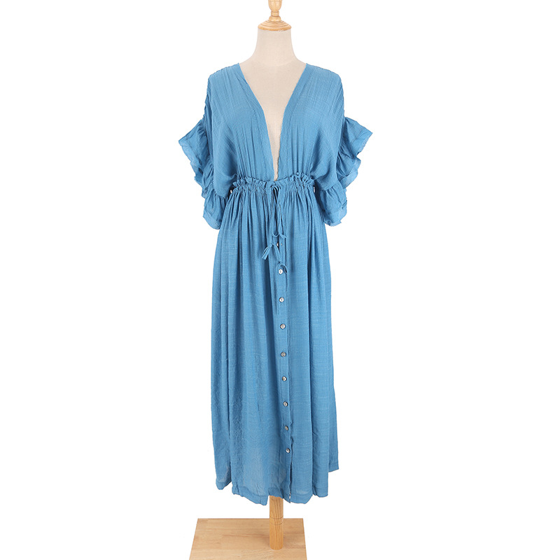 New Slub Cotton Button Waist Rope Long Dress Cardigan Vacation Beach Jacket Sun Protection Long Dress Bikini Cover Up Women